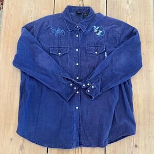 Vintage Disney Mickey Embroidered Corduroy Pearl Snap Long Sleeve Shirt XL